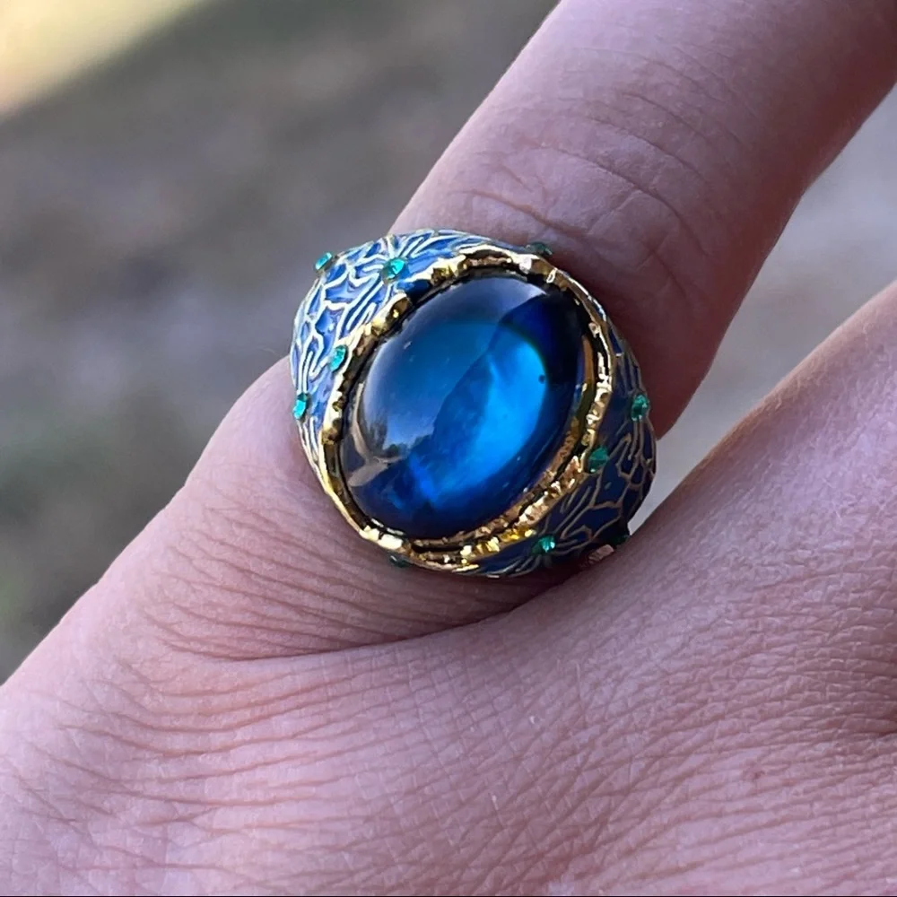 Blue fashion stone w/blue & gold enamel floral cloisonné ring w/rhinestones - Picture 2 of 7